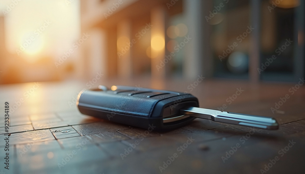 Car key fob on wooden surface with soft sunlight Car key fob on wooden surface with soft sunlight