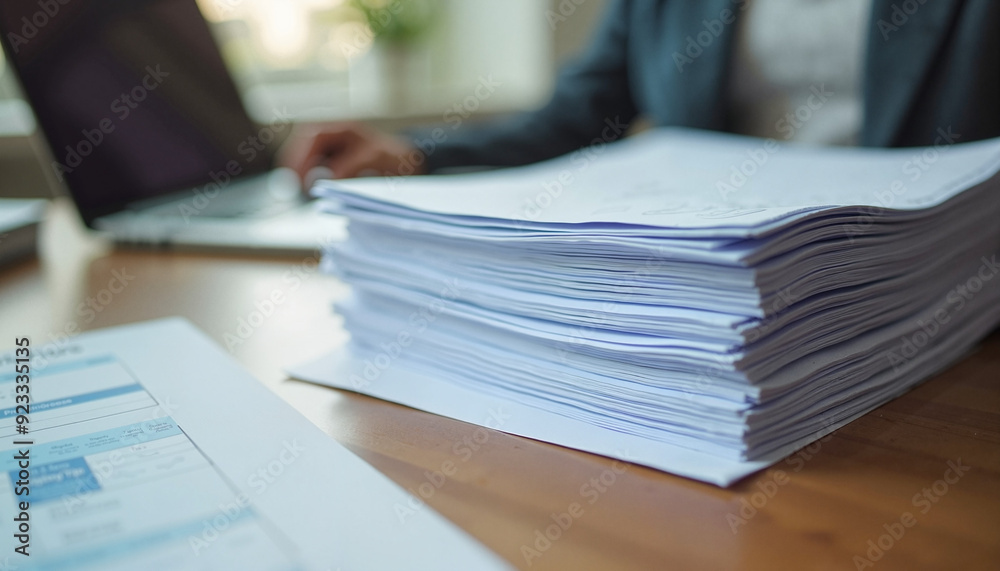 Large Stack of Documents on Wooden Desk in Office Environment Large Stack of Documents on Wooden Desk in Office Environment