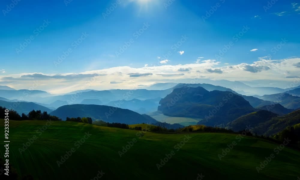 Serene Mountain Vista: Majestic peaks pierce a vibrant blue sky, overlooking rolling green hills and a tranquil valley bathed in golden sunlight. Serene Mountain Vista: Majestic peaks pierce a vibrant blue sky, overlooking rolling green hills and a tranquil valley bathed in golden sunlight.