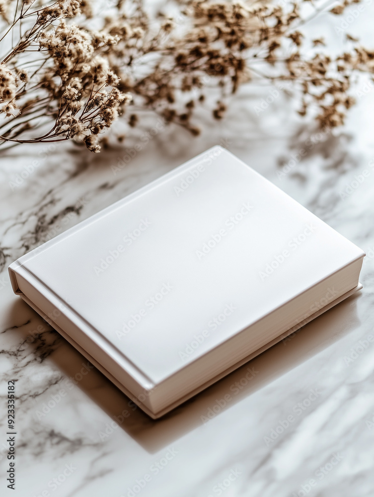 Fototapeta premium white soft cover book lying on the table, birds eye view