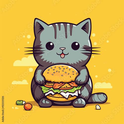 illustration of a cute foodie cat eating a burger