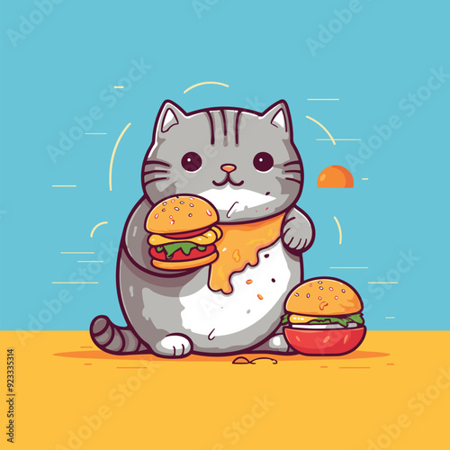 illustration of a cute foodie cat eating a burger