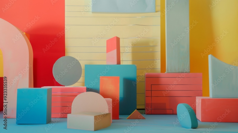Brightly colored blocks and shapes against a vibrant backdrop create a playful, abstract composition filled with lines, forms, and shades. Brightly colored blocks and shapes against a vibrant backdrop create a playful, abstract composition filled with lines, forms, and shades.