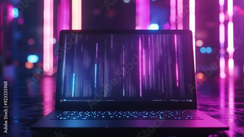 Laptop Screen with Glowing Digital Data: Dark Futuristic Room with Blur Neon Lights Background