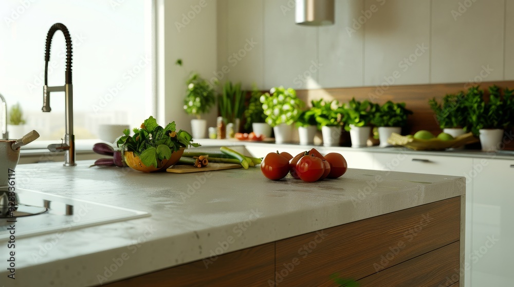 A modern kitchen with fresh vegetables and herbs on a countertop, basking in natural light, symbolizing healthy, home-cooked meals. A modern kitchen with fresh vegetables and herbs on a countertop, basking in natural light, symbolizing healthy, home-cooked meals.