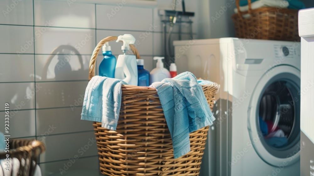 A pristine laundry room features a wicker basket filled with blue towels and cleaning products, illuminated by gentle daylight and evoking orderliness. A pristine laundry room features a wicker basket filled with blue towels and cleaning products, illuminated by gentle daylight and evoking orderliness.
