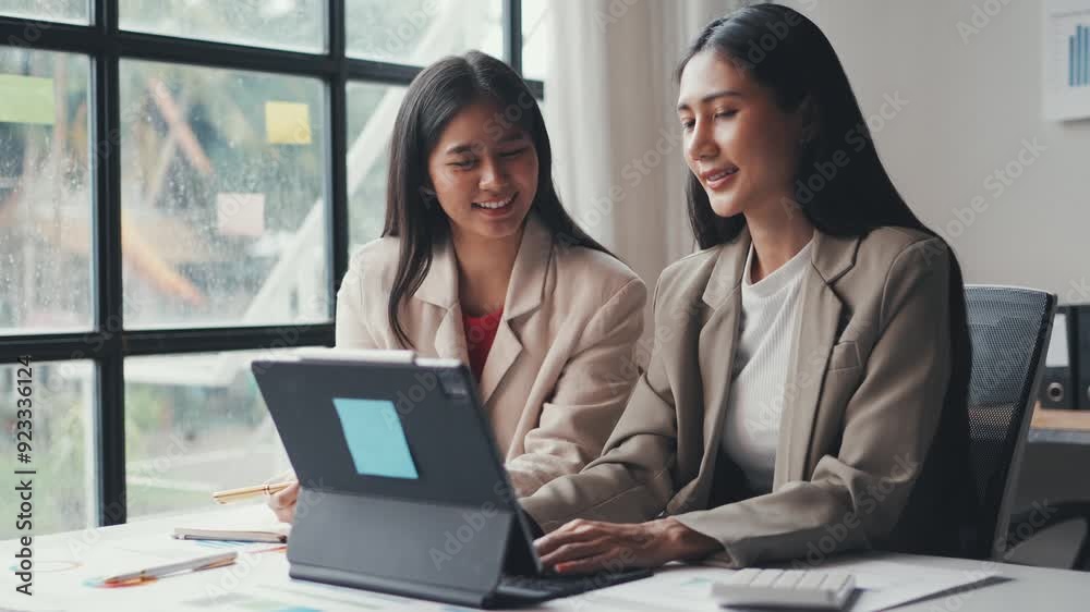 Two professional businesswomen collaborating on a project, discussing ideas and viewing content on a laptop by a bright office window Two professional businesswomen collaborating on a project, discussing ideas and viewing content on a laptop by a bright office window