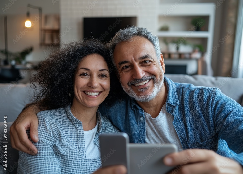 The elderly couple is in their retirement years, and they're connected to one another through a mobile phone phone at home The elderly couple is in their retirement years, and they're connected to one another through a mobile phone phone at home