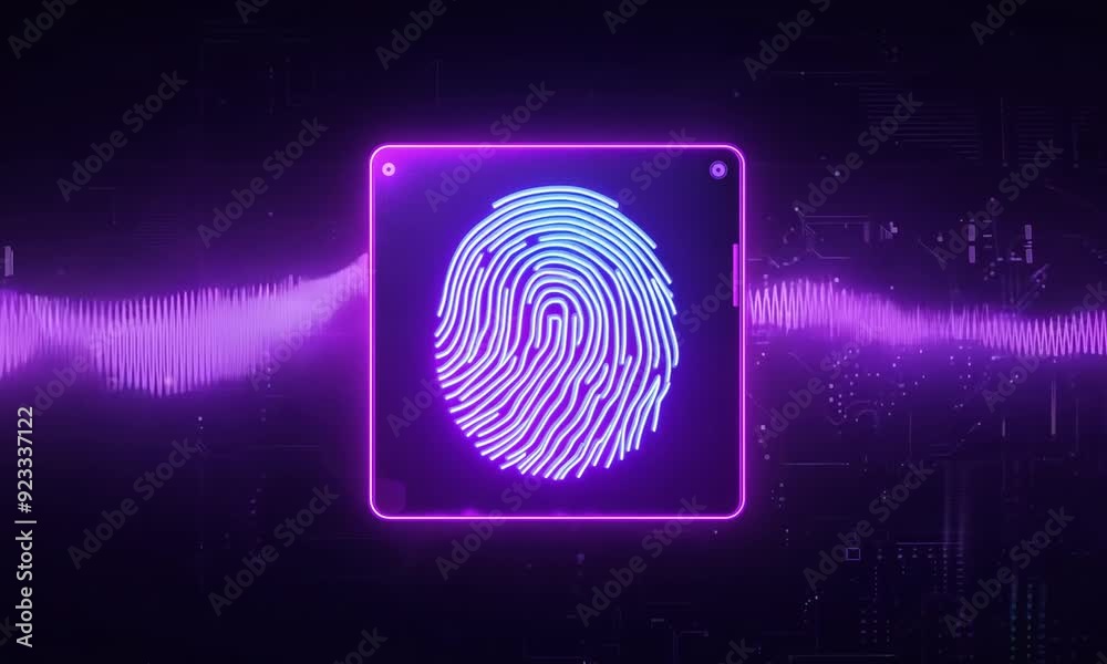 Digital Fingerprint: Neon Glow: A futuristic and abstract visual of a fingerprint inside a neon square, with a glowing, digital purple and blue background. This image evokes themes of security, identi Digital Fingerprint: Neon Glow: A futuristic and abstract visual of a fingerprint inside a neon square, with a glowing, digital purple and blue background. This image evokes themes of security, identi