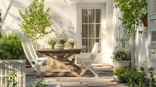 A tranquil outdoor patio with a wooden table, white chairs, and a few potted plants, perfect for enjoying a quiet morning.