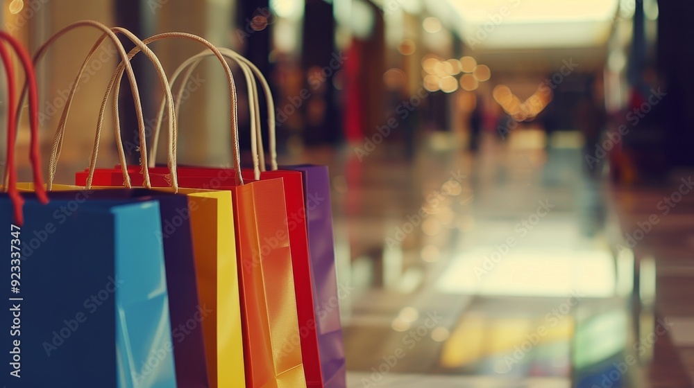 Naklejka premium Vibrant shopping bags lined up neatly in a bustling mall, capturing the essence of a joyful shopping experience.