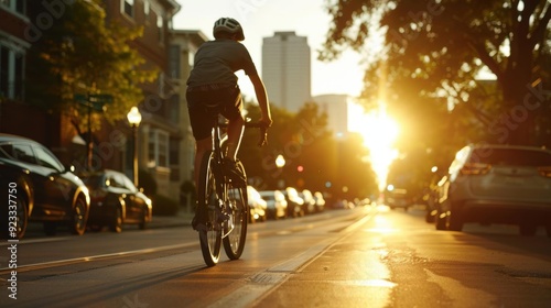 A cyclist rides down a city street at sunset.