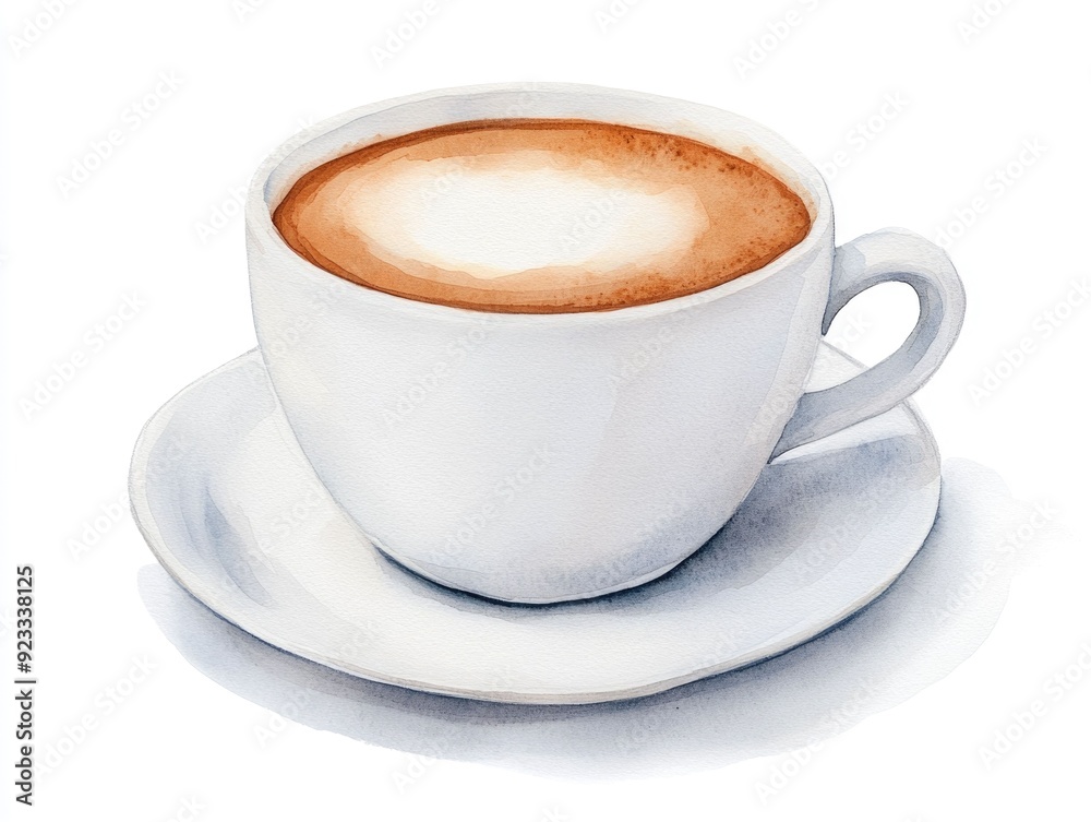 Charming watercolor of a steaming hot cappuccino with frothy creamy milk on a plain white background Charming watercolor of a steaming hot cappuccino with frothy creamy milk on a plain white background