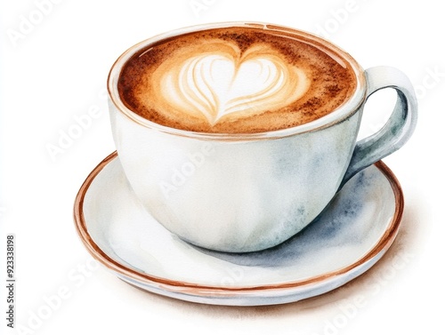 Beautifully rendered watercolor of a steaming hot cappuccino with frothy creamy milk isolated on a clean white background photo