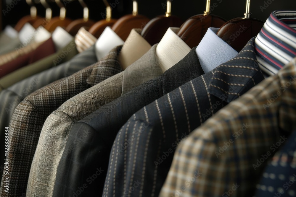 Obraz premium Row of men's suits hanging on wooden hangers in a retail store.