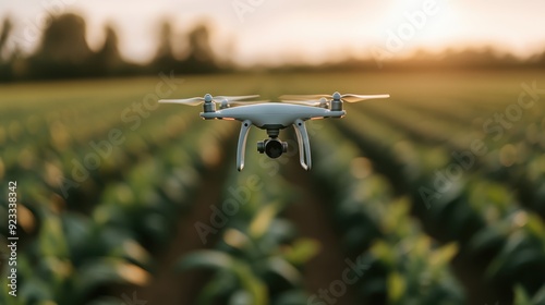 A high-tech drone hovers over a vast, lush green agricultural field during sunset, capturing the essence of modern farming technology and its applications in agriculture. photo