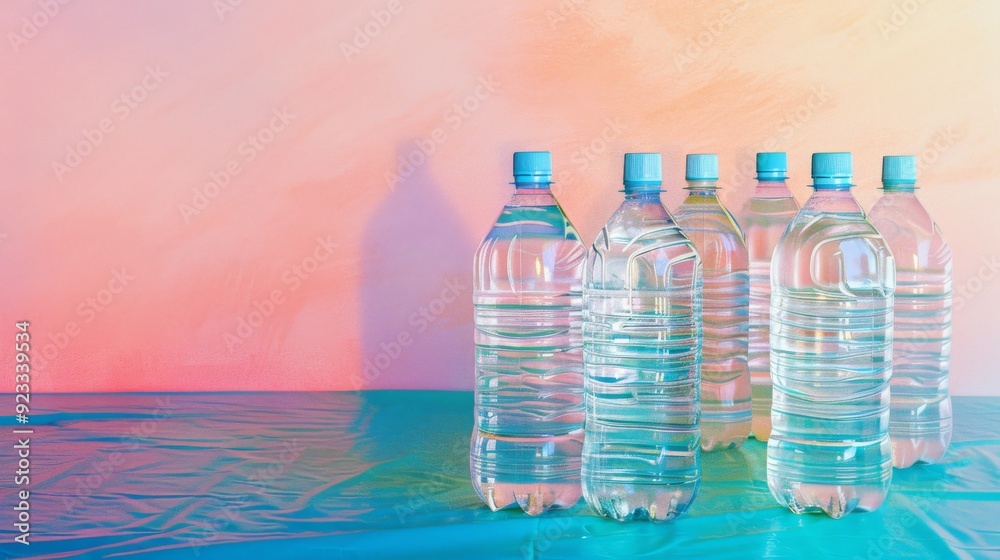 Six plastic water bottles arranged against a gradient pastel background, highlighting the concepts of hydration and simplicity.