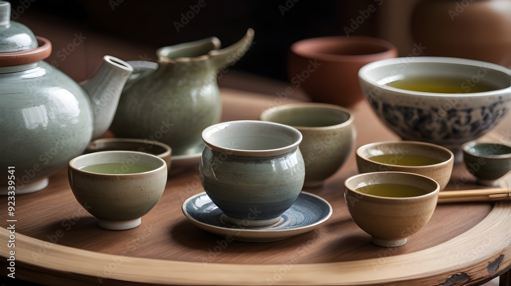 Detail of a traditional Japanese tea ceremony with ceramic bowls
Detail of a traditional Japanese tea ceremony with ceramic bowls