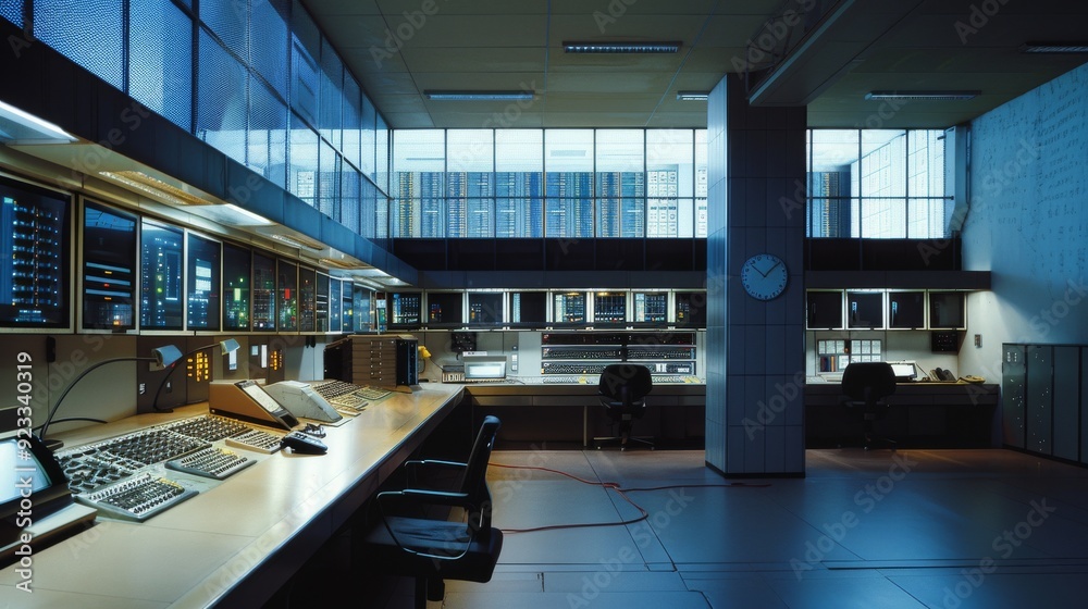 A control room filled with computers, monitors, and communication equipment set in a spacious, well-lit area with large windows displaying a cityscape. A control room filled with computers, monitors, and communication equipment set in a spacious, well-lit area with large windows displaying a cityscape.
