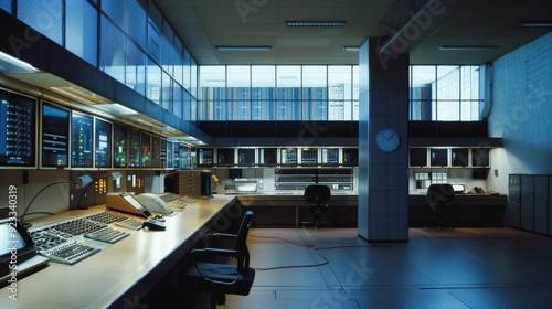 A control room filled with computers, monitors, and communication equipment set in a spacious, well-lit area with large windows displaying a cityscape.