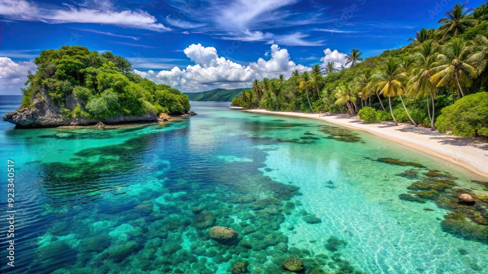 Fototapeta premium Tropical paradise beach with crystal clear blue waters surrounded by corals in Carabao Island, Romblon, Philippines