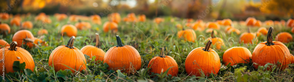 Pumpkin patch over autumn background. fresh orange pumpkins on a farm field. Rural landscape with sunset. Copy space, Halloween or Thanksgiving mock up for design and product display Pumpkin patch over autumn background. fresh orange pumpkins on a farm field. Rural landscape with sunset. Copy space, Halloween or Thanksgiving mock up for design and product display