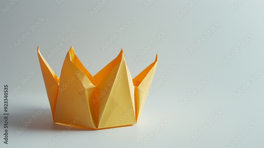 A carefully crafted origami crown in a vibrant orange color, placed against a minimalist white background, highlighting its intricate design and craftsmanship. A carefully crafted origami crown in a vibrant orange color, placed against a minimalist white background, highlighting its intricate design and craftsmanship.
