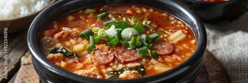 Korean Soup with Rice, Cabbage, and Sausage