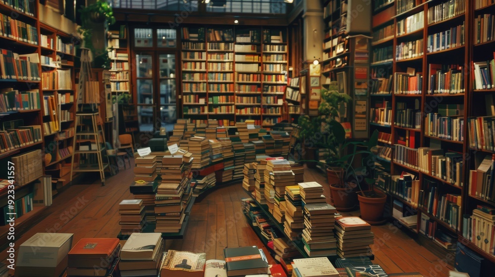 Obraz premium An inviting bookstore brimming with books on every shelf creates a cozy, intellectual atmosphere, with stacks of books artfully set around the wooden floor.