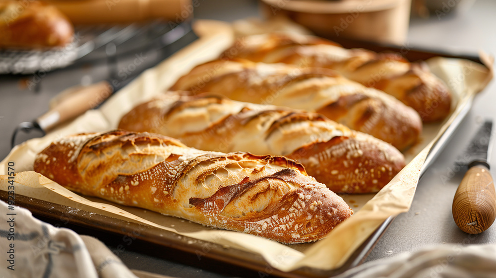 a freshly baked baguette, with a crispy crust and soft interior, placed on a parchment-lined baking tray. The tray is set on a kitchen counter with a background of rustic kitchen tools a freshly baked baguette, with a crispy crust and soft interior, placed on a parchment-lined baking tray. The tray is set on a kitchen counter with a background of rustic kitchen tools