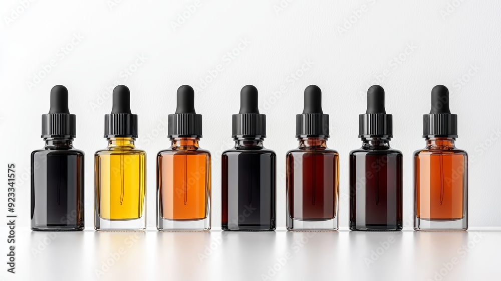 A line of glass dropper bottles in various shades, showcasing essential oils and beauty products on a clean white background. A line of glass dropper bottles in various shades, showcasing essential oils and beauty products on a clean white background.