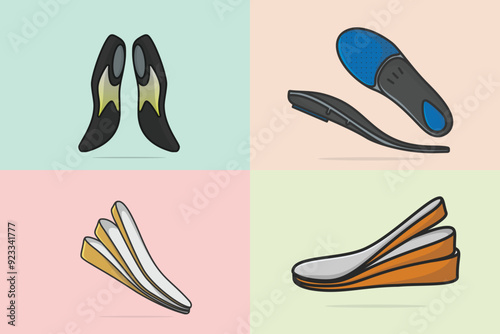 Set of Comfortable Orthotics Shoe Insole Pair, Arch Supports vector illustration. Fashion object icon concept. Collection of insoles for a comfortable and healthy walk vector design with shadow.