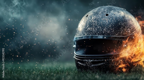 A dramatic close-up of a racing helmet with smoke and flames, symbolizing speed and adrenaline in motorsport. photo