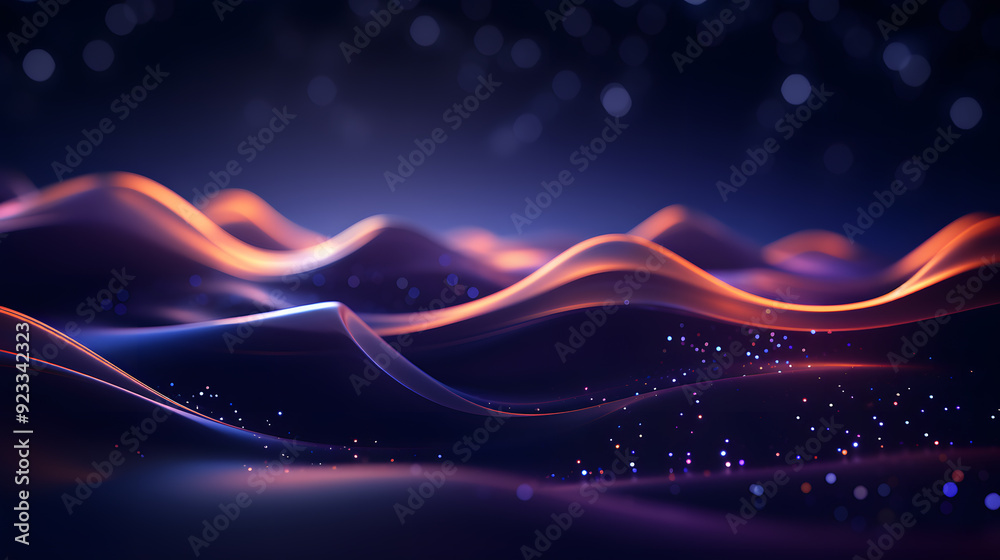 glowing mauve orange particles curve and lines floating as wave surface, global connecting network, abstract digital mountain landscape, 3d graphic illustration glowing mauve orange particles curve and lines floating as wave surface, global connecting network, abstract digital mountain landscape, 3d graphic illustration