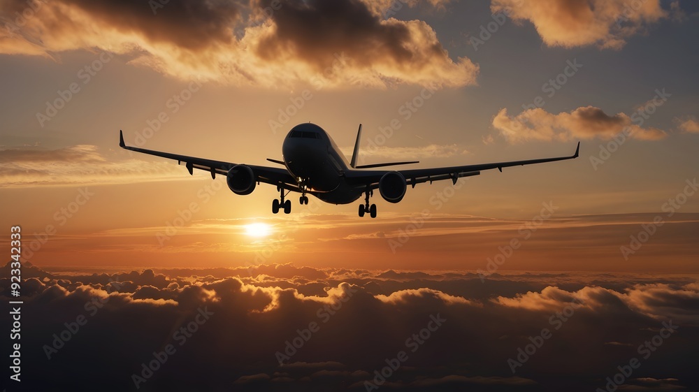 Silhouette of an airplane at sunset with a cloud spreading on the horizon
Silhouette of an airplane at sunset with a cloud spreading on the horizon