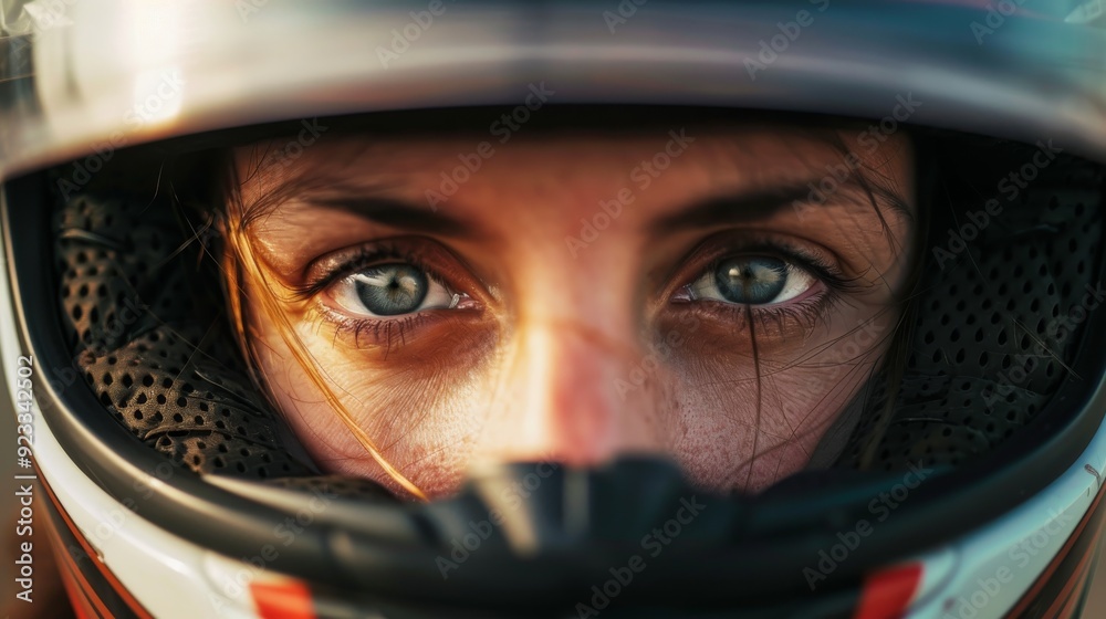 Close-up of a determined person's eyes peering out from a motorcycle helmet, highlighting intensity and focus. Close-up of a determined person's eyes peering out from a motorcycle helmet, highlighting intensity and focus.