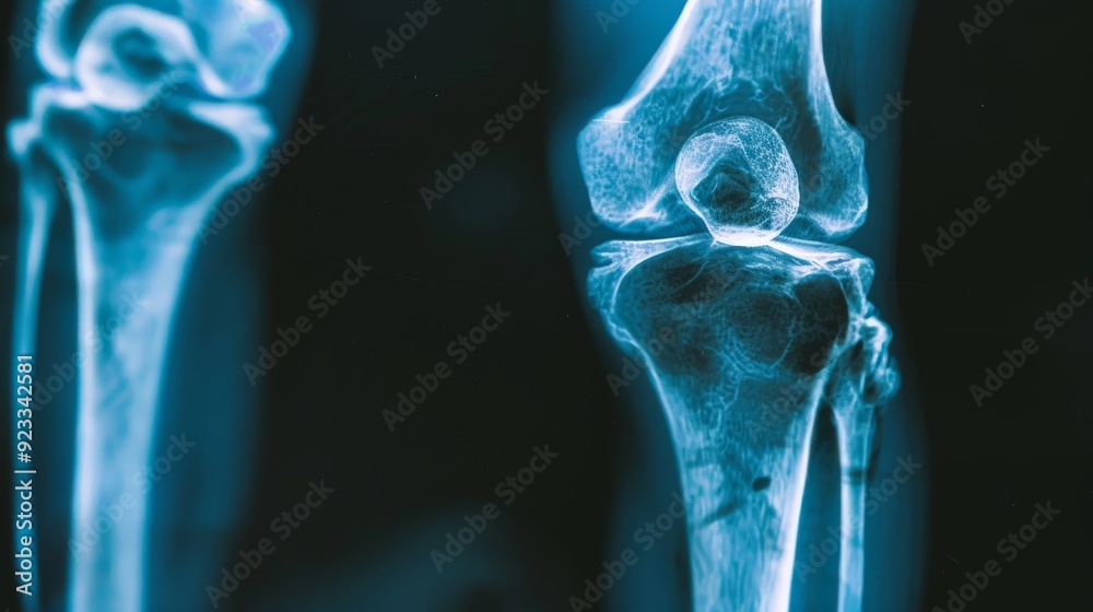 An X-ray image of human knee joints, presenting a clear view of the bones and structure, crucial for medical analysis and diagnosis. An X-ray image of human knee joints, presenting a clear view of the bones and structure, crucial for medical analysis and diagnosis.