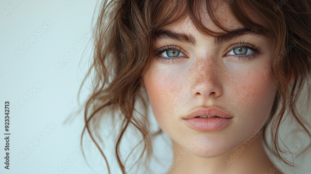 Person with flawless complexion, subtle makeup, and neutral, poised expression, looking directly into the camera. Person with flawless complexion, subtle makeup, and neutral, poised expression, looking directly into the camera.
