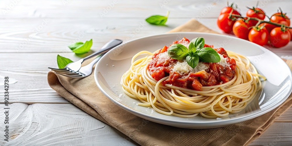 Spaghetti with tomato sauce and parmesan cheese on a white plate, Spaghetti, tomato sauce, parmesan cheese, Italian cuisine, pasta Spaghetti with tomato sauce and parmesan cheese on a white plate, Spaghetti, tomato sauce, parmesan cheese, Italian cuisine, pasta