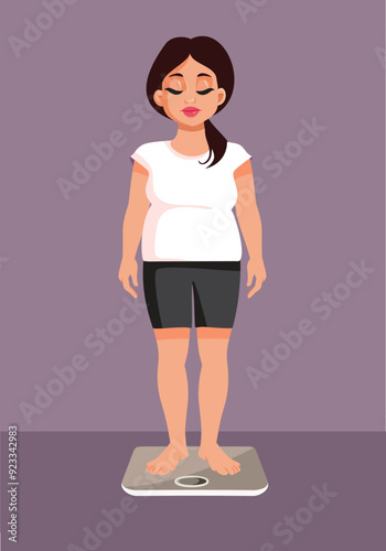 Overweight Woman Sitting on a Body Scale Vector Cartoon Illustration. Unhealthy teen girl suffering from negative body image of herself 
