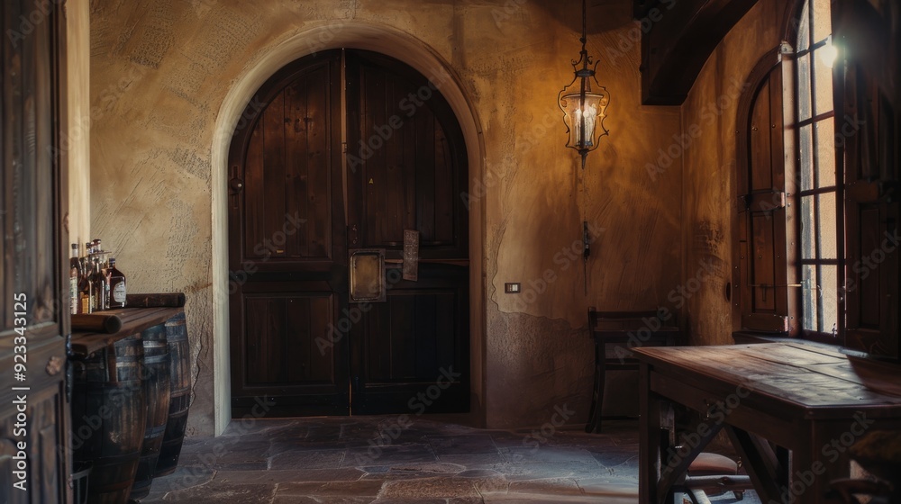 A rustic interior with arched wooden double doors, warm lighting, and wooden furnishings, capturing an old-world charm and cozy atmosphere.