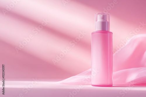 close up photo of premium skincare bottle, serum, bottle spray, soft pastel pink colors, soft light, light pink background