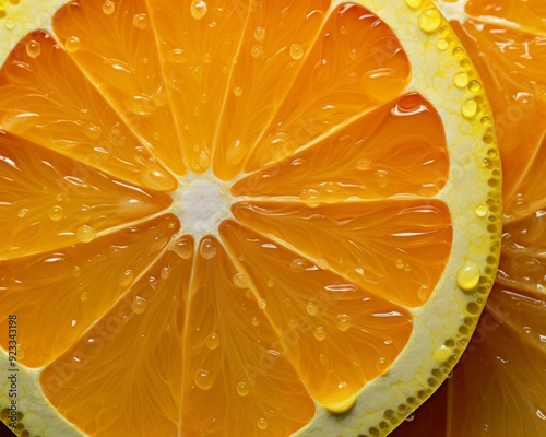 A cross-section of an orange with water droplets on the surface.