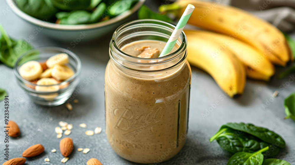 a protein-packed smoothie made with almond butter, banana, and spinach, served in a glass jar with a reusable straw, set against a backdrop of fresh ingredients a protein-packed smoothie made with almond butter, banana, and spinach, served in a glass jar with a reusable straw, set against a backdrop of fresh ingredients