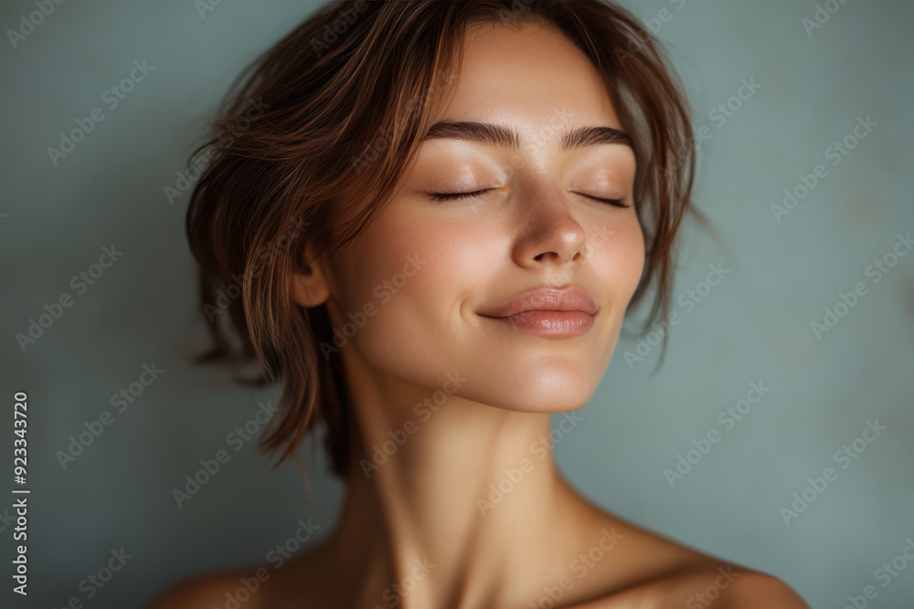 A close up of a woman's face with her eyes closed