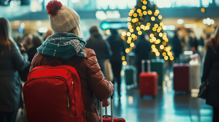 Holiday traveler with a red backpack at a busy airport terminal, Christmas tree in the background capturing the festive travel season