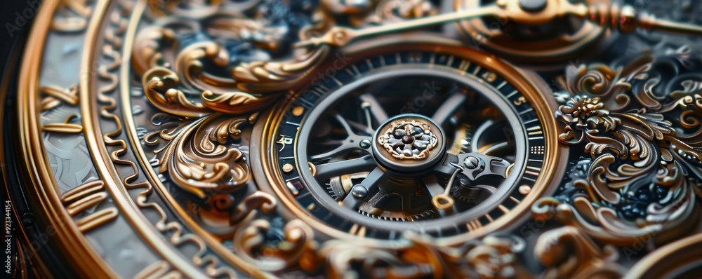 Close-up shot of an intricately designed antique clock with gold ornate details, showcasing the inner mechanical gears and Roman numerals. Close-up shot of an intricately designed antique clock with gold ornate details, showcasing the inner mechanical gears and Roman numerals.