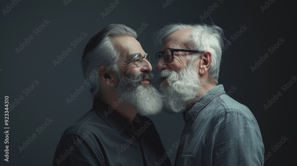 Two elderly men with grey beards share a light-hearted moment, smiling at each other in an intimate and darkly lit setting. Two elderly men with grey beards share a light-hearted moment, smiling at each other in an intimate and darkly lit setting.