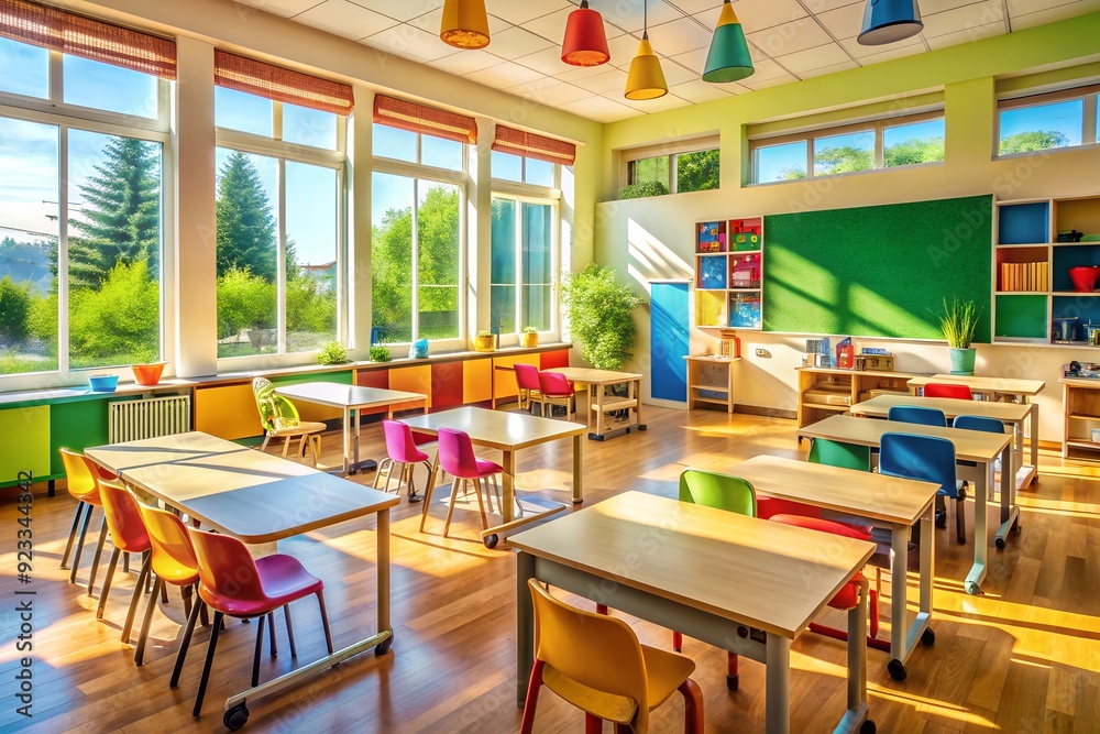 Vibrant School Classroom Background with Colorful Posters, Desks, and Blackboards Vibrant School Classroom Background with Colorful Posters, Desks, and Blackboards