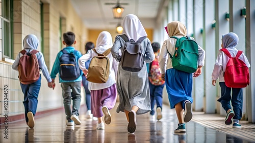 Happy Muslim School Kids Running in Corridor with Focus on School Bag